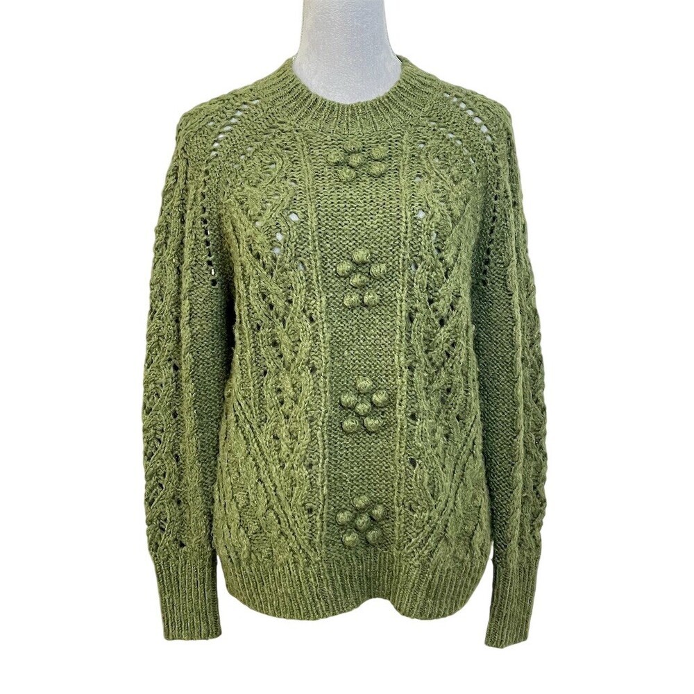 Cable Knit Popcorn Sweater Women’s XS Green Comfy Cozy Winter Fall Cottagecore